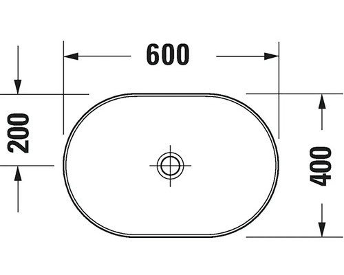 Technický nákres umývadla na dosku s rozmermi 600 x 400 x 200 mm.