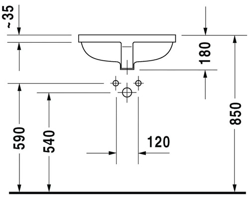 Rozmerový nákres umývadla s rozmermi výška 850 milimetrov, hĺbka 590 milimetrov a šírka 120 milimetrov