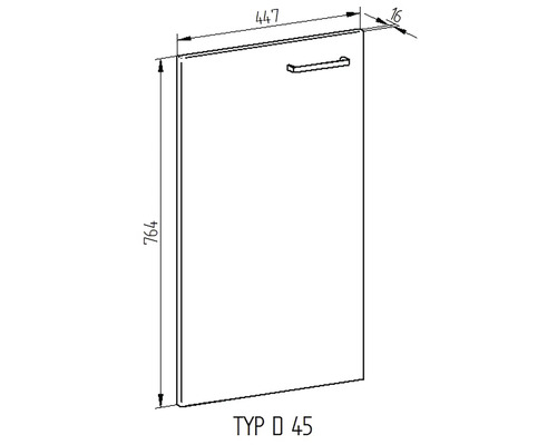 Technický výkres dverí skrine s rukoväťou a rozmermi