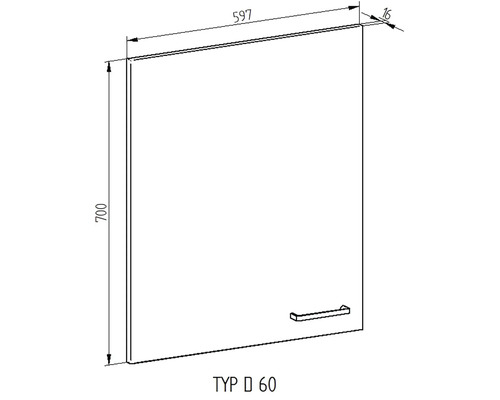 Technický nákres dvierok skrinky s rukoväťou, 597x700 mm