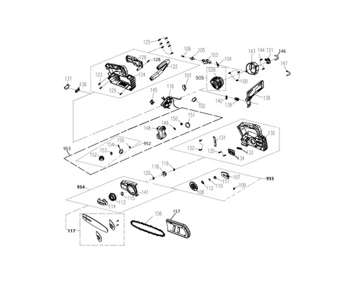 Rozkreslený nákres reťazovej píly zobrazujúci usporiadanie dielov
