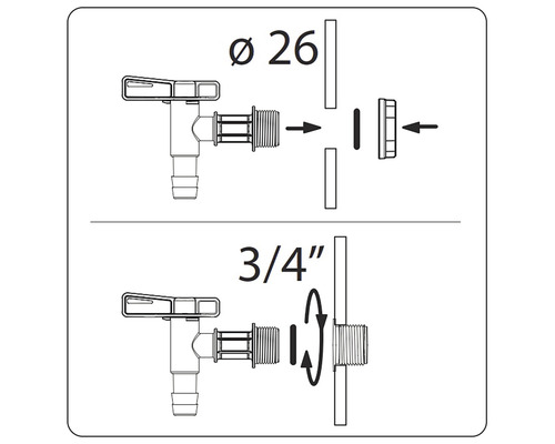 Montážny návod pre kohútik s priemerom 26 milimetrov a prípojkou 3/4 palca