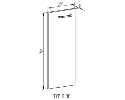 Technický nákres nábytkovej čelnej strany s rukoväťou, rozmery 764 x 297 mm