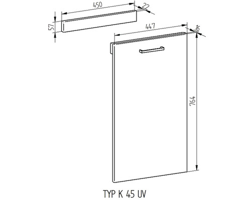 Technický výkres kuchynskej skrinky K 45 UV s rozmermi