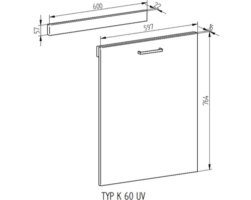 Technický nákres kuchynskej skrinky s držadlom a rozmermi