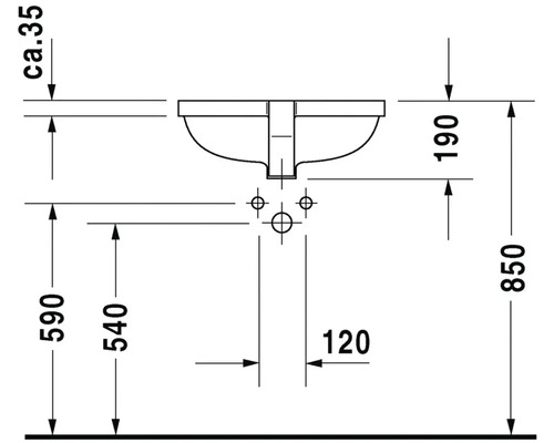 Technický nákres umývadla s rozmermi