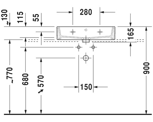 Rozmerový nákres umývadla s rozmermi výška 900 mm, šírka 280 mm a hĺbka 165 mm.