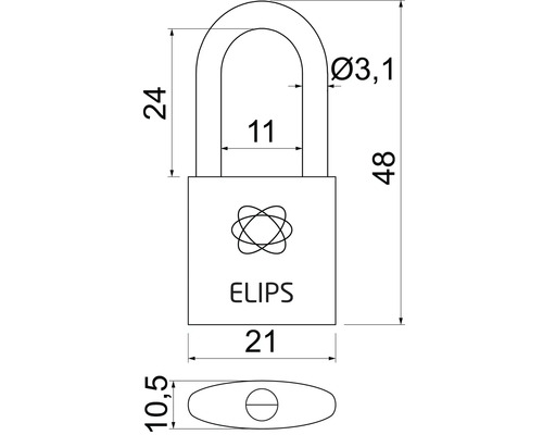 Technický výkres visiaceho zámku Elips s rozmermi