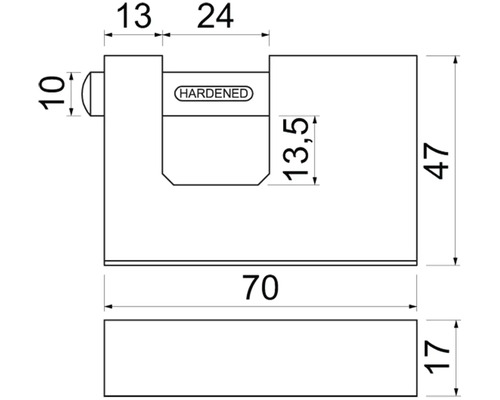 Technický nákres visiaceho zámku s rozmermi