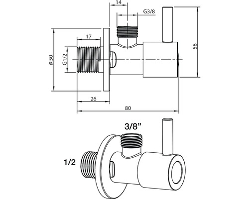 Technický nákres rohového ventilu s rozmermi