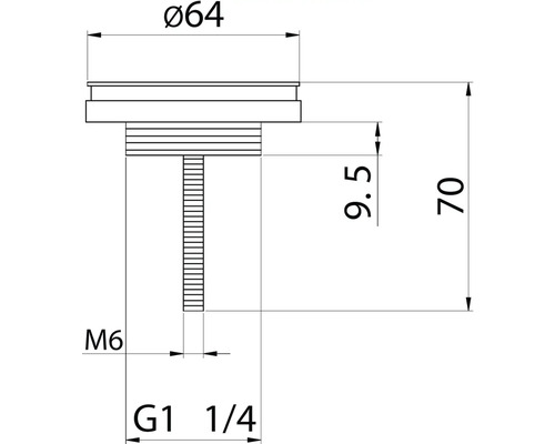 Technický nákres ventilu s rozmermi priemer 64, 9.5 a 70, závit M6 a G1 1/4
