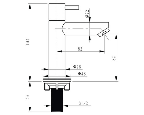 Technický nákres vodovodnej batérie s rozmermi