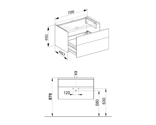 Technický nákres skrinky pod umývadlo s rozmermi.