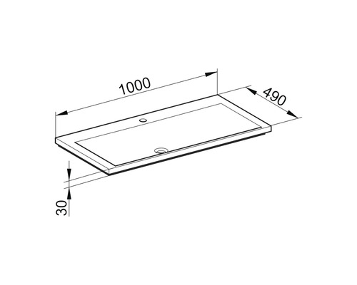 Technický nákres umývadla s rozmermi 1000 x 490 x 30 milimetrov.