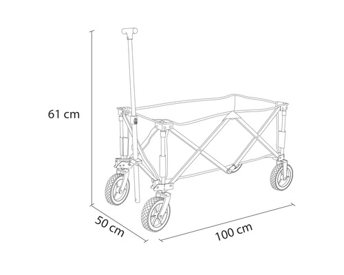 Nákres ručného vozíka s rozmermi: výška 61 cm, rázvor kolies 50 cm, dĺžka 100 cm.
