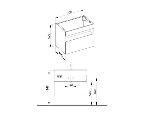 Technický nákres skrinky pod umývadlo s rozmermi