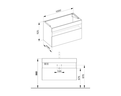 Technický nákres skrinky pod umývadlo s rozmermi