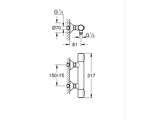 Technický nákres pre sanitárnu inštaláciu s rozmermi