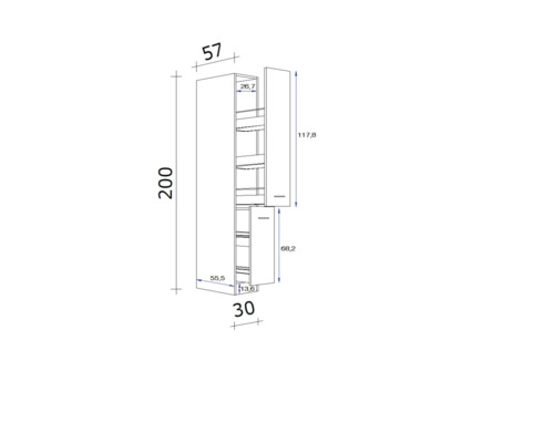 Technický nákres vysokej skrine s rozmermi.