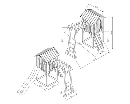 Technický nákres hracej veže s kĺzačkou, rebríkom a rôznymi hernými úrovňami s rozmermi