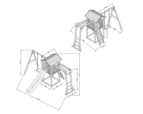 Technický výkres detského hracieho domčeka s hojdačkou a šmýkačkou s rozmermi.