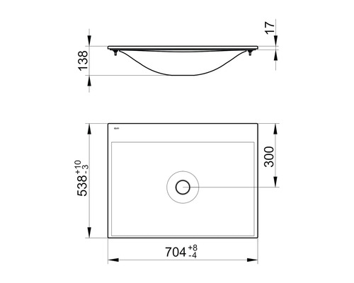 Technický nákres umývadla s rozmermi.