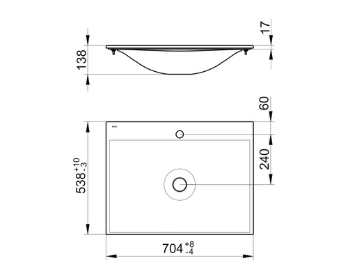 Technický nákres umývadla s rozmermi