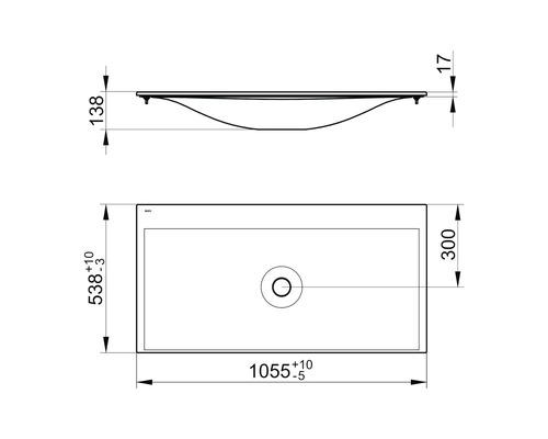 Technický nákres umývadla na dosku s rozmermi