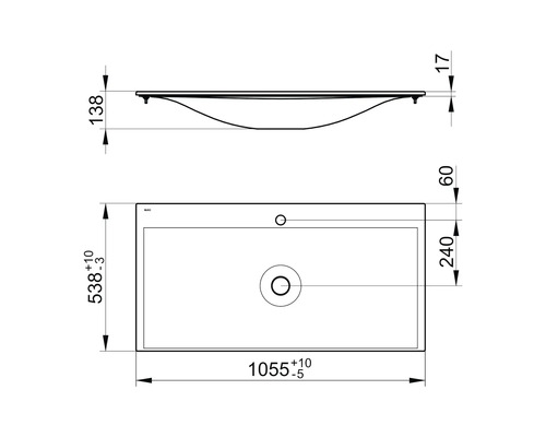 Technický nákres obdĺžnikového umývadla s rozmermi.