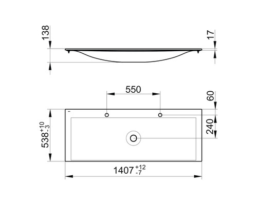 Technický nákres umývadla s rozmermi