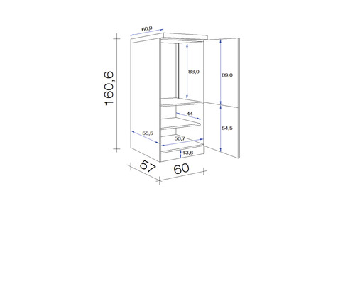 Technický výkres vysokej skrine s rozmermi.