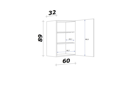 Technický nákres závesnej skrinky s rozmermi