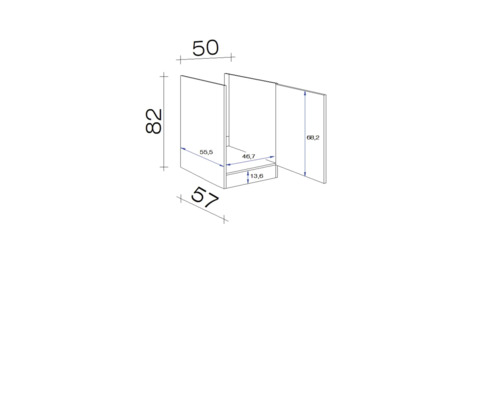 Rozmerový nákres skrinky pod umývadlo so zásuvkou a dvierkami