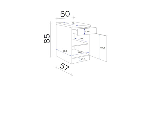 Technický nákres spodnej skrinky so zásuvkou a dvierkami vrátane rozmerov
