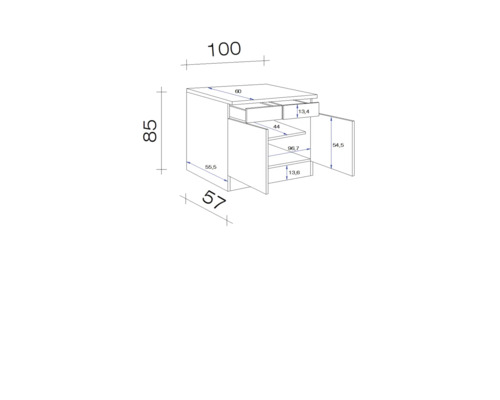 Technický nákres skrinky pod umývadlo s rozmermi.
