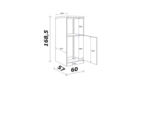 Technický nákres vysokej skrine s rozmermi