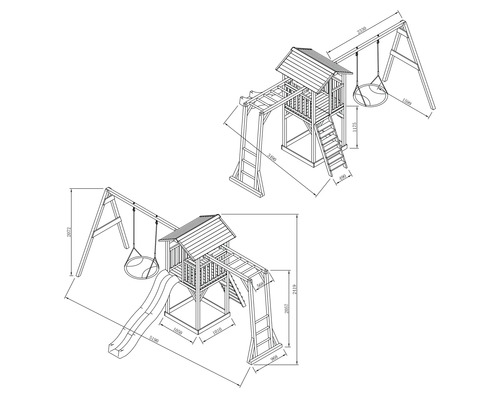 Technický nákres hracej veže s hojdačkou a šmýkačkou s rozmermi