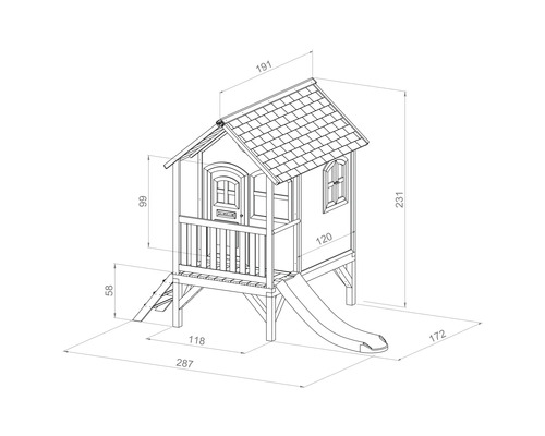 Nákres detského domčeka so šmýkačkou a rozmermi