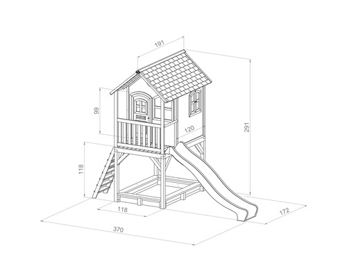 Rozmery detského domčeka s pieskoviskom a šmykľavkou