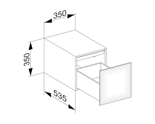 Technický nákres skrinky pod umývadlo so zásuvkou a rozmermi.