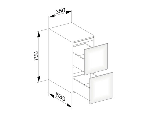 Nákres spodnej skrinky so zásuvkami a rozmermi