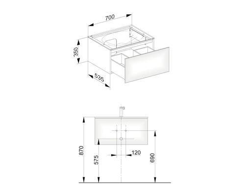 Technický nákres skrinky pod umývadlo s rozmermi