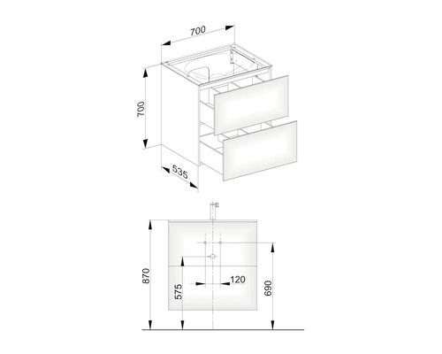 Nákres skrinky pod umývadlo s rozmermi