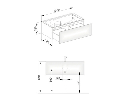 Technický nákres skrinky pod umývadlo so zásuvkami a rozmermi.