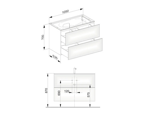 Nákres skrinky pod umývadlo so zásuvkami a rozmermi
