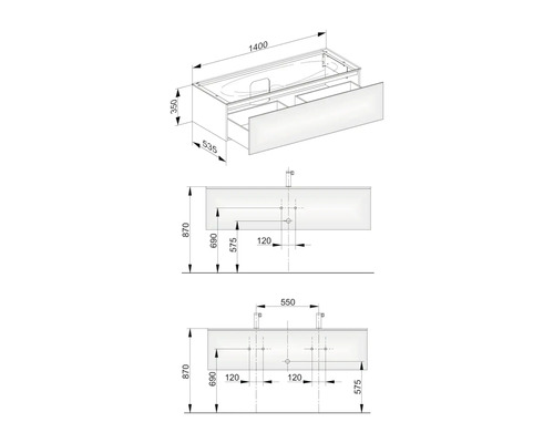 Technický nákres skrinky pod umývadlo s rozmermi