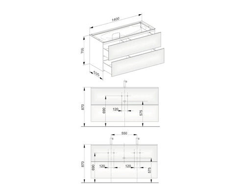Technický nákres skrinky pod umývadlo s rozmermi