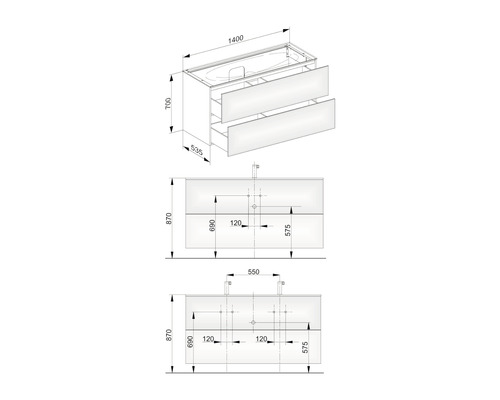 Výkres skrinky pod umývadlo s rozmermi
