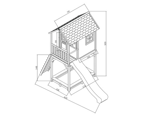 Rozmerový nákres hracieho domčeka so šmýkačkou a rebríkom