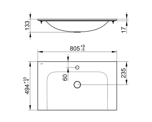 Technický nákres umývadla s rozmermi